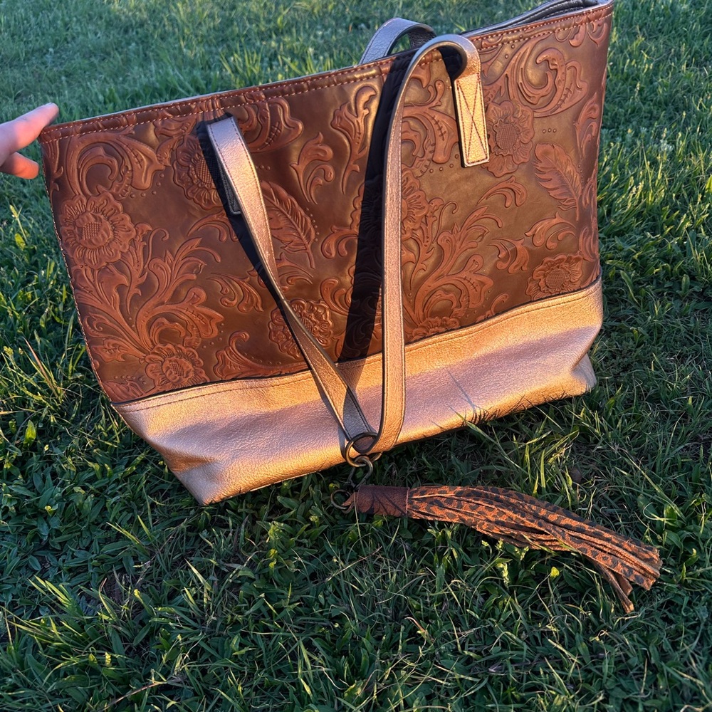 Embossed Brown and Gold Tote Bag